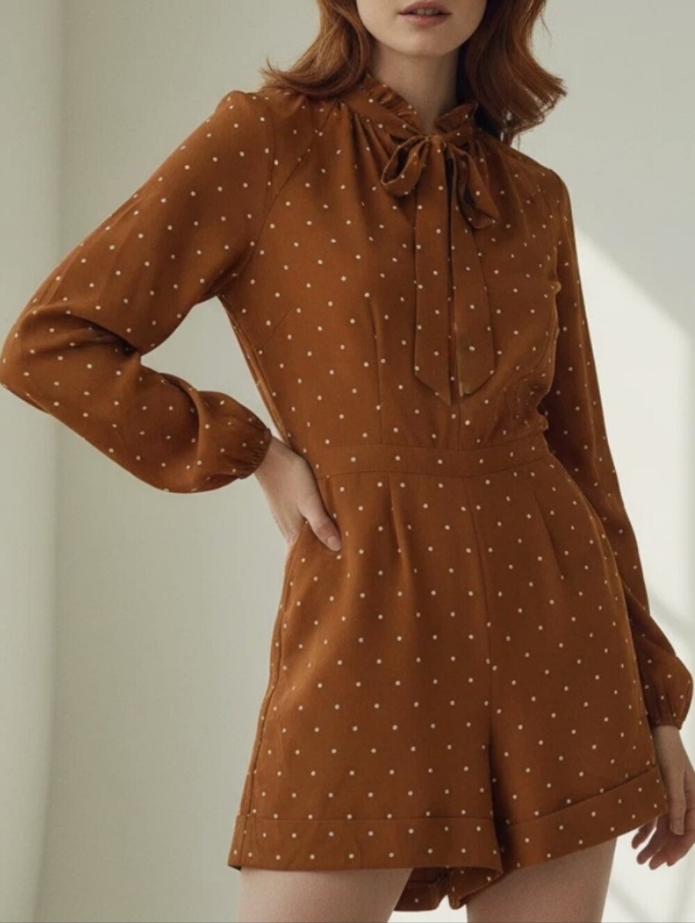 Express Polka Dot Tie-Neck Long Sleeve Romper in Orange Rust Size 12